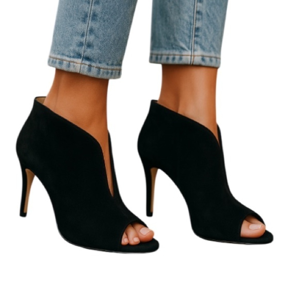 Adrienne Vittadini Peep Toe Split Vamp Heel Booties Black Fine Suede Leather 10